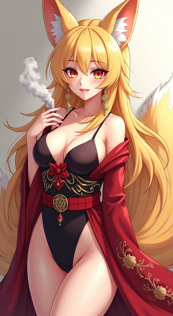 One person, Long Hair, Blonde、大きなchest, Earrings, Simple Background, Character portrait, Character Design, Anime Style, high quality, High-resolution model, とてもLong Hair, Thick hair, smile, Heavy makeup, Character portrait、Oiran、Nine-Tailed Fox、FoxFox Ears, smoke tube、geta、Gaze, smile, chest, Legs in the frame
