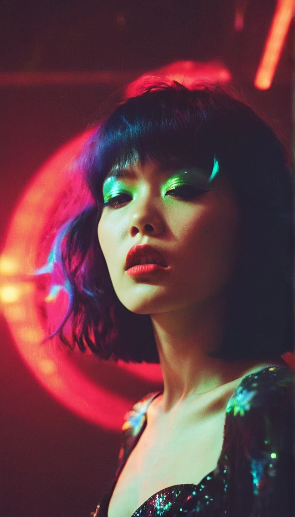 Three quarter profile view, fashion photoshoot, shot by Ellen Von Unwerth, lomography, starburst filter, grainy film, torso shot of a stunning Faroese japanese woman with a hungry expression with fabulous makeup, light leaks, colorful lights, psychedelic, a hologram, holography, monotones, blown out, high quality, 4k, 8k, masterpiece, two tone cinematic lighting