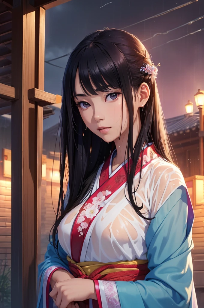 Plain background、Rich historical background. (Highest quality,4K,8k,High resolution,masterpiece:1.2), Very detailed, (Realistic,Realistic,Photorealistic:1.37), High resolution, Hyper HD, Studio Lighting, Ultra-fine painting, Sharp focus, Physically Based Rendering, Very detailed説明, Professional, Vibrant colors, Bokeh, Sports Late, Ancient War Landscapes, Traditional Chinese Painting Techniques, Atmospheric lighting, Vivid color contrast, Visually stunning composition, Ethereal atmosphere,Very detailed目と顔, Beautiful attention to detail, Light on the face, (Hanfu: 1.1),My whole body is wet、My clothes are wet and transparent、Nipples are visible、nipples color pale pink、Dynamic pose、Rain clouds spreading across the sky、Heavy rain weather、Pouring rain、Wind and rain storm、((Soaked skin from head to toe))、((Rain-soaked clothes(Rain dripping from clothes))、((The lines of your body are clearly visible through your wet clothes..))