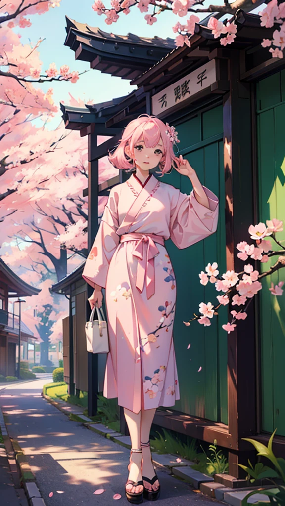 Pink undertone,Anime style,Cherry blossoms,Cherry blossoms树,Simply cute,Pure Landscape,No characters,Q version,Hand Painted