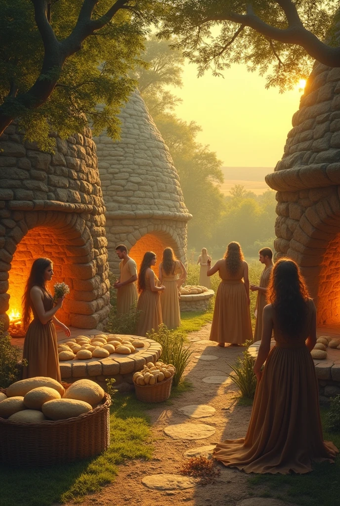 Lughnasadh communal baking, large ovens built from stone and clay, realism with a warm, earthy feel, villagers kneading dough, shaping loaves, and baking them in the communal ovens, the smell of fresh bread filling the air, Lugh overseeing the process, his golden aura adding warmth to the scene, Harvest Fey offering tiny bundles of herbs to flavor the bread, atmosphere of cooperation, sustenance, and the joy of sharing food, the golden fields in the distance glowing under the midday sun.,
in the style of a Lughnasadh-inspired scene with a lush, late summer early autumn landscape, bucolic beauty and mysterious rituals of the pagan sabbat, infused with sensuality and a hint of eerie allure, retro 70s vibe
