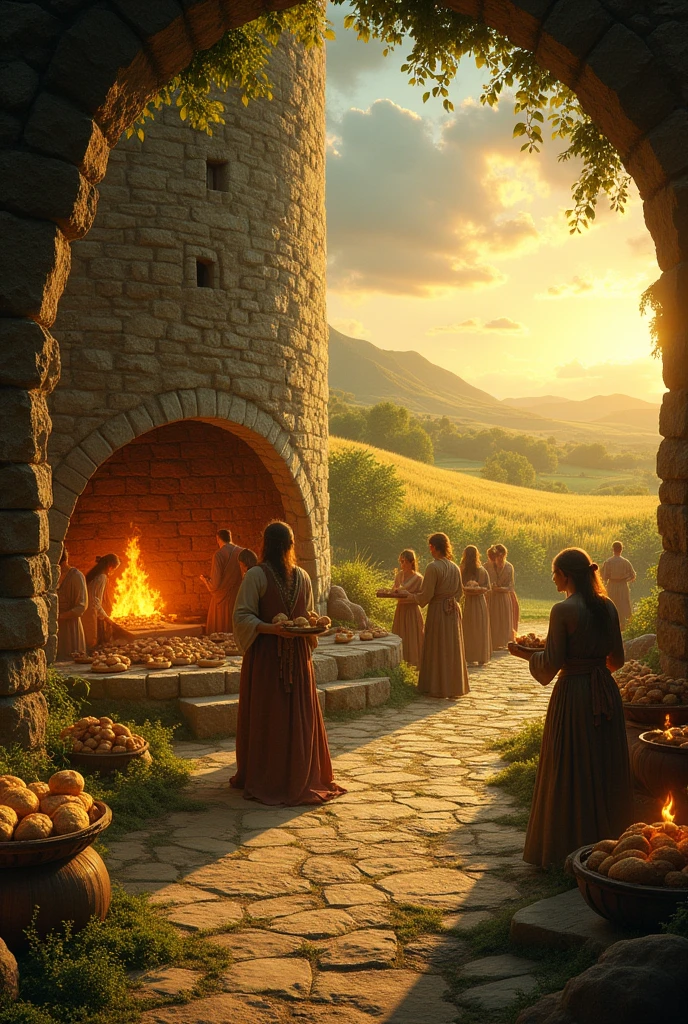 Lughnasadh communal baking, large ovens built from stone and clay, realism with a warm, earthy feel, villagers kneading dough, shaping loaves, and baking them in the communal ovens, the smell of fresh bread filling the air, Lugh overseeing the process, his golden aura adding warmth to the scene, Harvest Fey offering tiny bundles of herbs to flavor the bread, atmosphere of cooperation, sustenance, and the joy of sharing food, the golden fields in the distance glowing under the midday sun.,
in the style of a Lughnasadh-inspired scene with a lush, late summer early autumn landscape, bucolic beauty and mysterious rituals of the pagan sabbat, infused with sensuality and a hint of eerie allure, retro 70s vibe