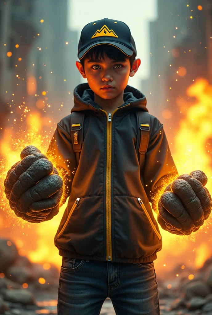 Malaysia man. real teenage age . 15 Malaysia Indonesia. (Yello eyes) Anger face . wearing an (black yellow ) zip-up shirt, (black yellow ) cap with small (mountain) logo, detailed face, cinematic lighting, dramatic atmosphere, vibrant colors, 8k, high quality, photorealistic. Hero suit. (Earthquake come from his hand.wear two big gaunlet made from cracking rock color black yellow glowing .jeans pants. Very strong. Future design dress. Very epic. Earthquake everywhere. Shaking photography effect. 
