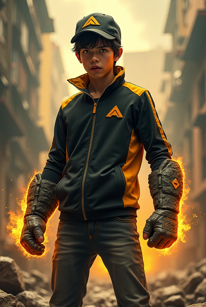 Malaysia man. real . 15 Malaysiandonesia. (Yello eyes) Anger face . wearing an (black yellow ) zip-up shirt, (black yellow ) cap with small (mountain) logo, detailed face, cinematic lighting, dramatic atmosphere, vibrant colors, 8k, high quality, photorealistic. Hero suit. (Earthquake come from his hand.wear two big gaunlet made from cracking rock color black yellow glowing .jeans pants. Very strong. Future design dress. Very epic. Earthquake everywhere. Shaking photography effect.