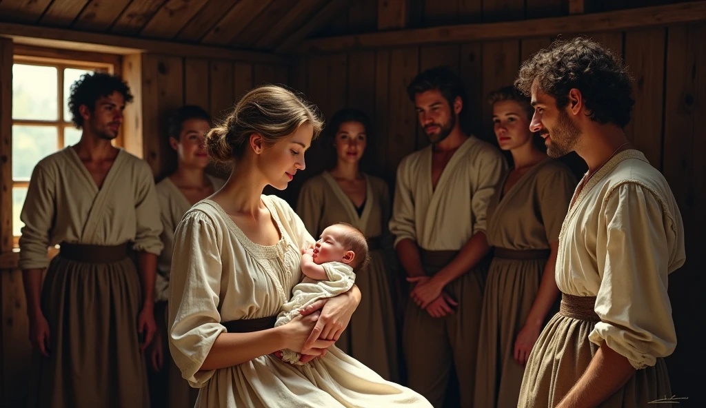  A tender scene inside a simple wooden cabin, showing Eleanor Dare cradling  Virginia Dare, with John White and a few settlers looking on with joy and 