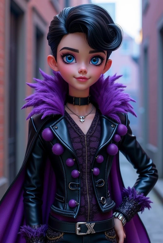 Imagem do filho da Duquesa Swan e da Poppy O'Hair de Ever After High: a age, sexly, with black hair, blue colored eyes, black and purple outfit with swan elements and silver scissors