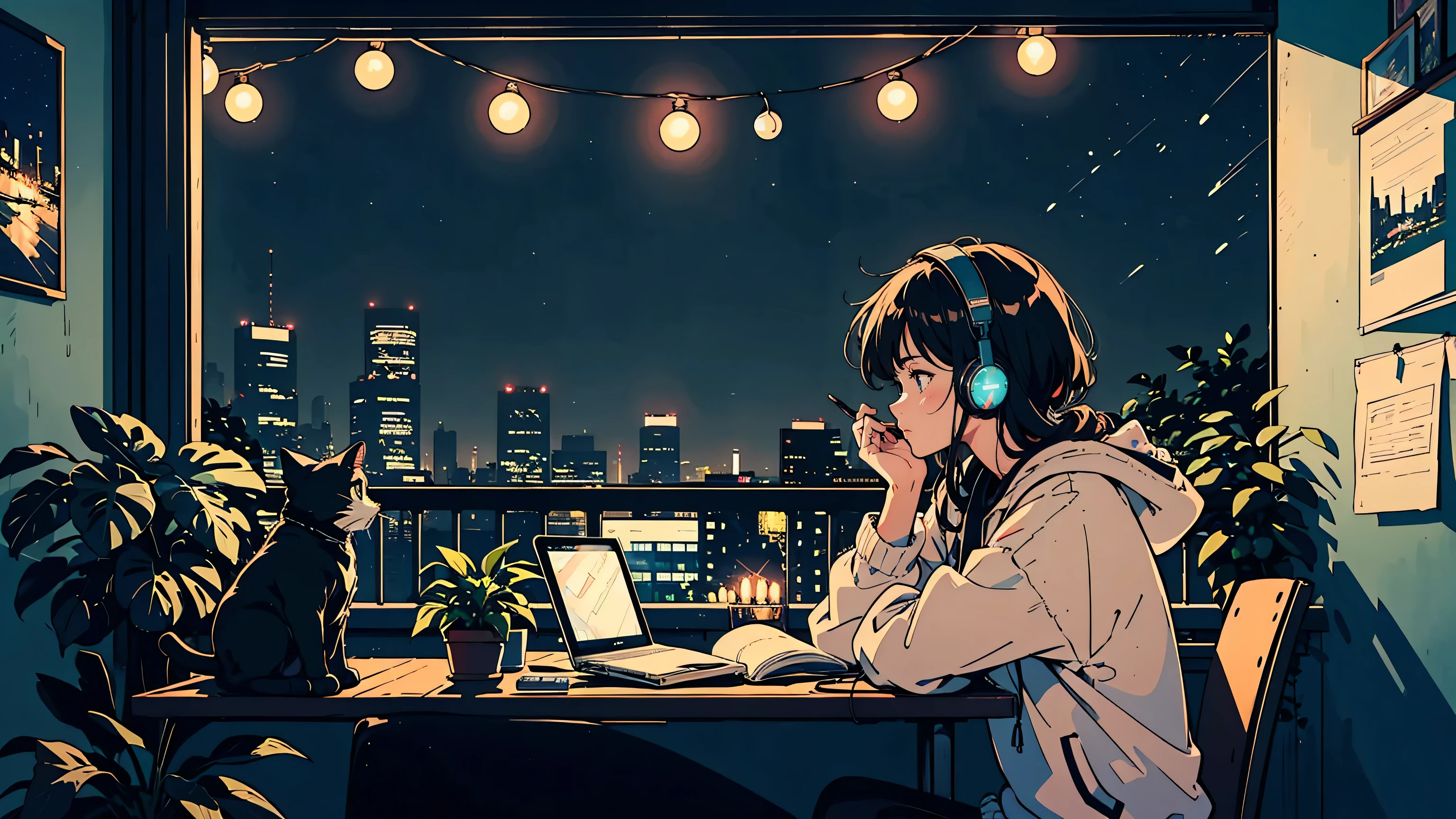 Cozy night balcony workspace, anime style, one young cute girl studying, wearing headphones and oversized hoodie. A notebook. One cat. String lights and potted plants hanging, starry night sky backdrop. Warm ambient lighting from candles and fairy lights. City skyline in distance. Lo-fi aesthetic. 