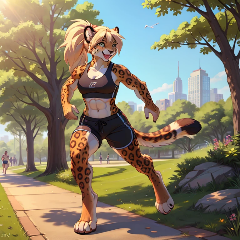 Masterpiece, best quality, high quality, 1Female Leopard, Solo, best art, digitigrade, wears shorts with sports bra, detailed hands, detailed eyes, detailed torso, running in the Park, happy expression, muscular, abs, ponytail hair, sunny day