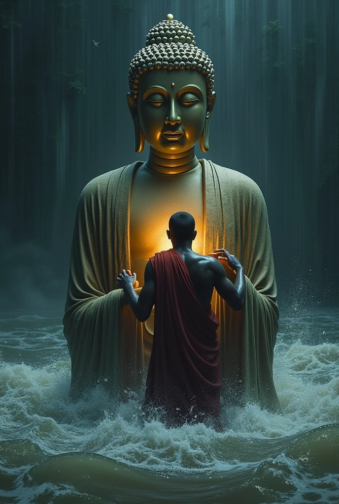The  is crying and saving the Buddha statue from the flood water