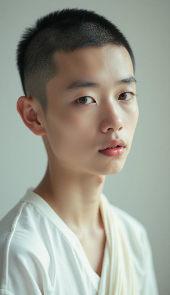 handsome young Khmer monk, pure devine pale skin, wearing t-shirt, 8K
