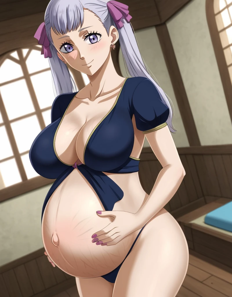 noelle_blackclover, Noelle Silva, Black Clover, long silver hair, waist-length hair, half-up half-down hairstyle, ribbon, side-parted bangs, almond-shaped blue eyes, high-quality, ultra-detailed, beast quality, 8K resolution,
looking at viewer, dutch angle, cowboy shot, smile, pregnant belly, large belly, big belly, big Breasts, Stretch marks,
1girl,solo, indoors, happy, Smiling, rub belly,
full body, Nail polish, Earrings,