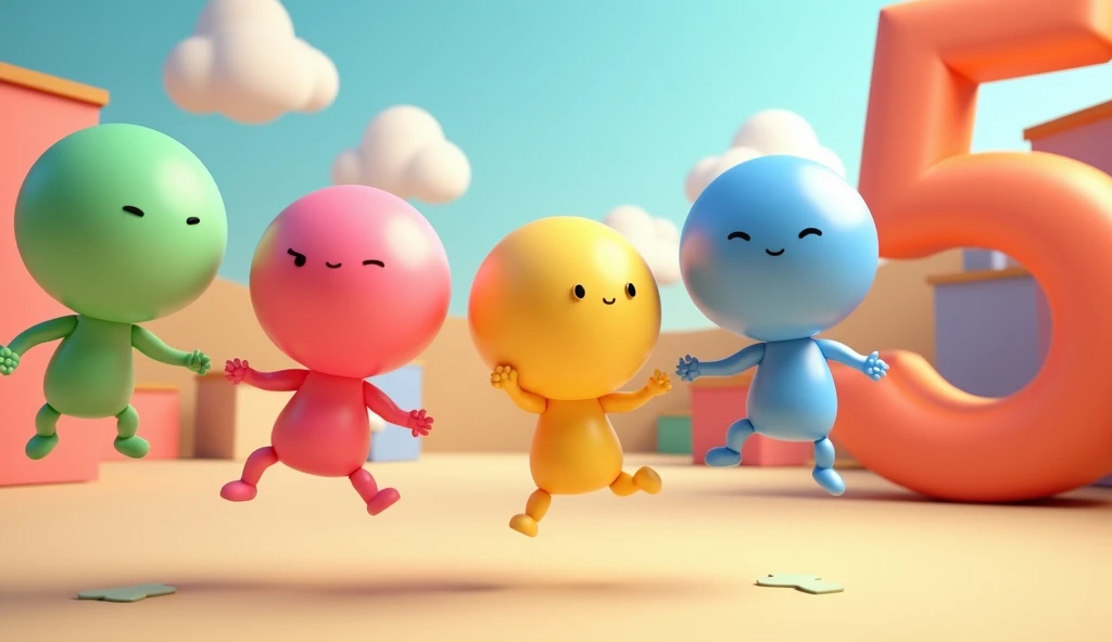 Create in 3d animation style for the kids of age group of 1-3 years kids " with five engaging elements, like five 5 colourful ballons and display in side in big number 5
