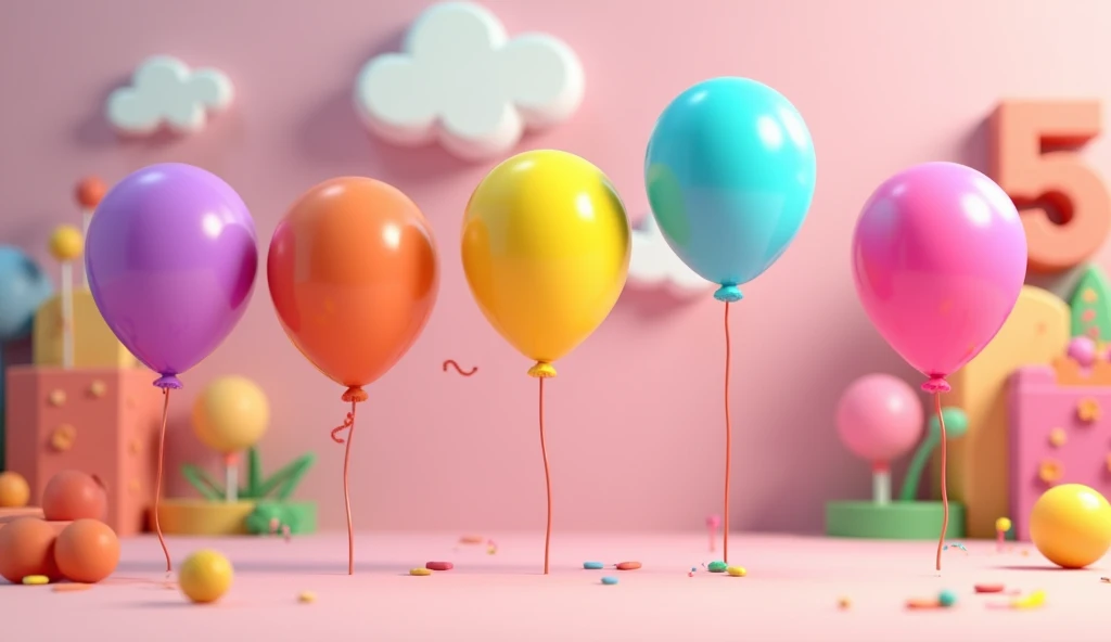 Create in 3d animation style for the kids of  group of 1-3 yeads " with five engaging elements, like five 5 colourful ballons and display in side in big number 5