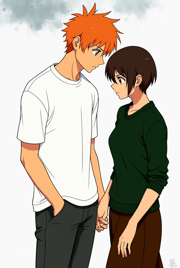 A guy with orange hair and green eyes, a white T-shirt, dark gray pants, holding the hand of a girl with very short dark brown hair, black eyes, in a dark green sweater and dark brown skirts, anime art, masterpiece, realistic, over-detailed, professional quality