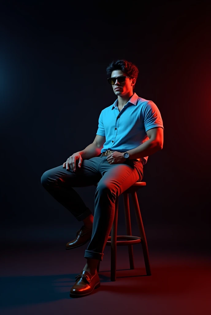 A tan tall boy with small muscles and black wave hair wearing sunglasses, sky blue short sleeve shirt tucked with dark brown belt black long trousers and old watch on it and dark brown loafers sitting on black stool and black background red and blue light on it the boy turning right side