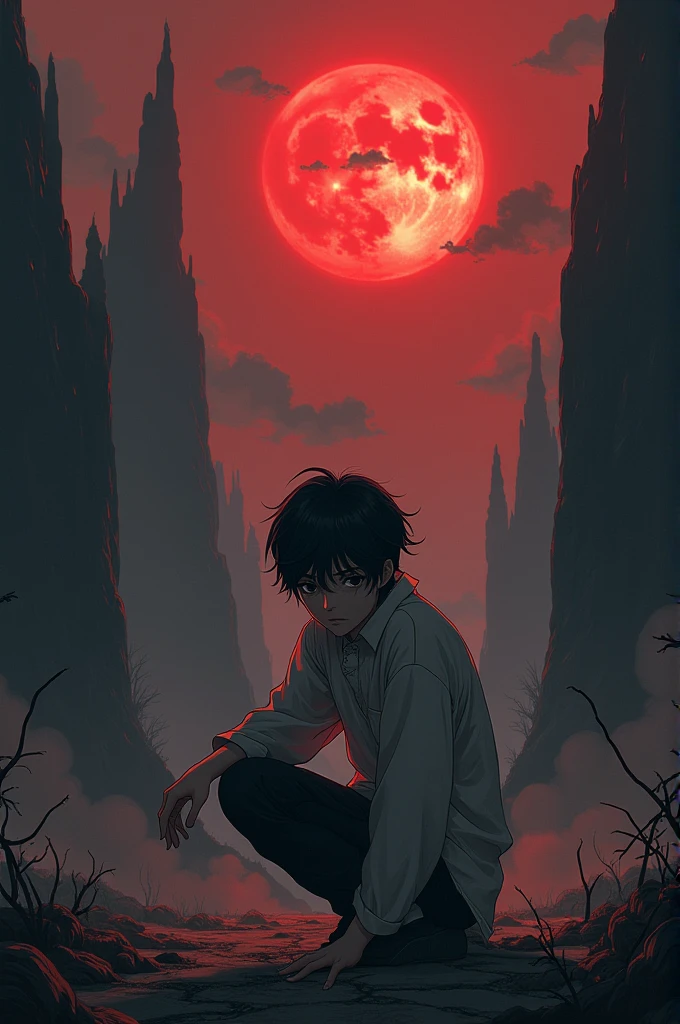 Sad anime boy in hell