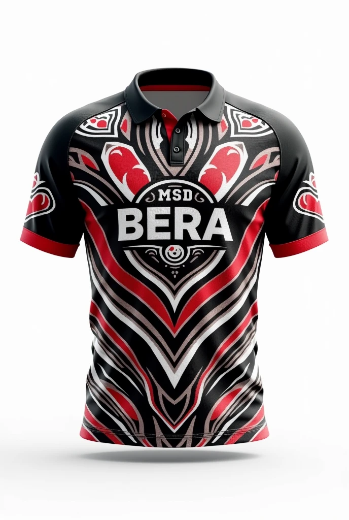 Create rugby jersey maori tribe full pattern black white red at sleeve retro black collar white background front and back design side by two side clear design at centre wrote MSSD BERA RUGBY floral design