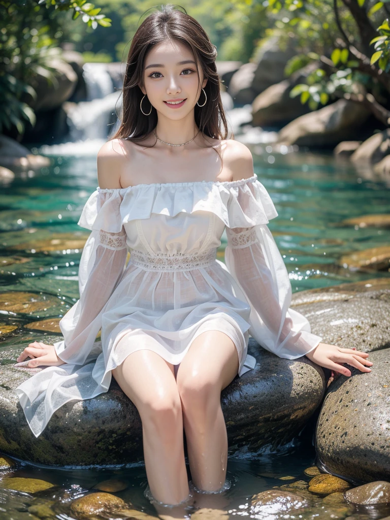 (best quality,Extremely detailed,Practical:1.37),portrait,Beautiful young girl,Young female model,Riverbank and rocks or temple or bridge,Sweet Girls Clothes 4,Off-shoulder dress,Jewelry,Sit under the waterfall,Sitting,Sitting on the rocks,Soaked,masterpiece,Very detailed description,Ultra-fine painting,Delicate face,Slim body,Long legs,Playing in the water,Smile,A bright smile