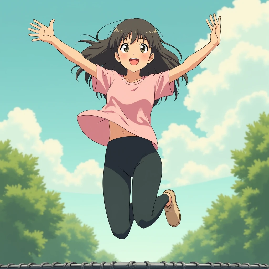 best quality, masterpiece, fill frame, zoomed out, character design, full body, head to toe, studio Ghibli style, poster of young woman, small breasts, wearing plain pink tshirt and long black leggings, smile while jumping on trampoline, perfect fingers, perfect hands, perfect face, perfection, no background