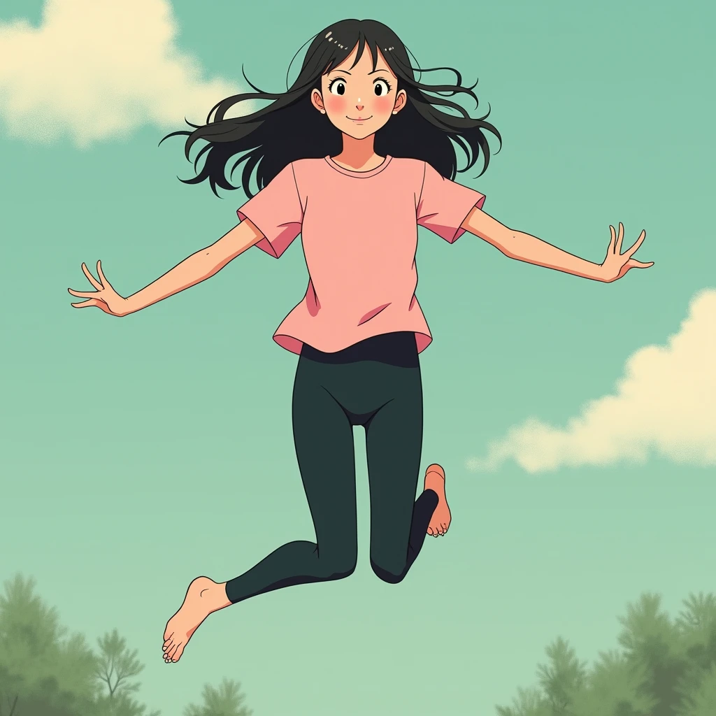 best quality, masterpiece, fill frame, zoomed out, character design, full body, head to toe, studio Ghibli style, poster of young woman, small breasts, wearing plain pink tshirt and long black leggings, smile while jumping on trampoline, perfect fingers, perfect hands, perfect face, perfection, no background