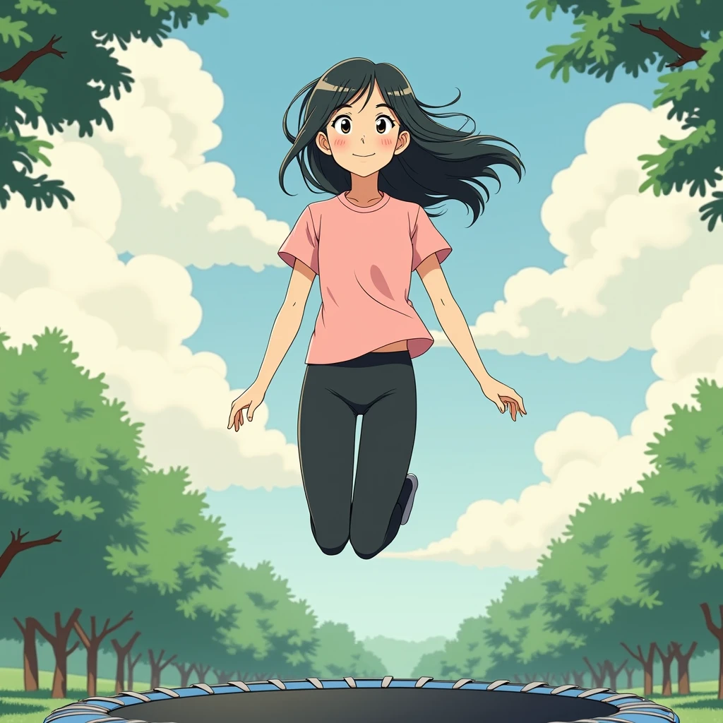 best quality, masterpiece, fill frame, zoomed out, character design, full body, head to toe, studio Ghibli style, poster of young woman, small breasts, wearing plain pink tshirt and long black leggings, smile while jumping on trampoline, perfect fingers, perfect hands, perfect face, perfection, no background