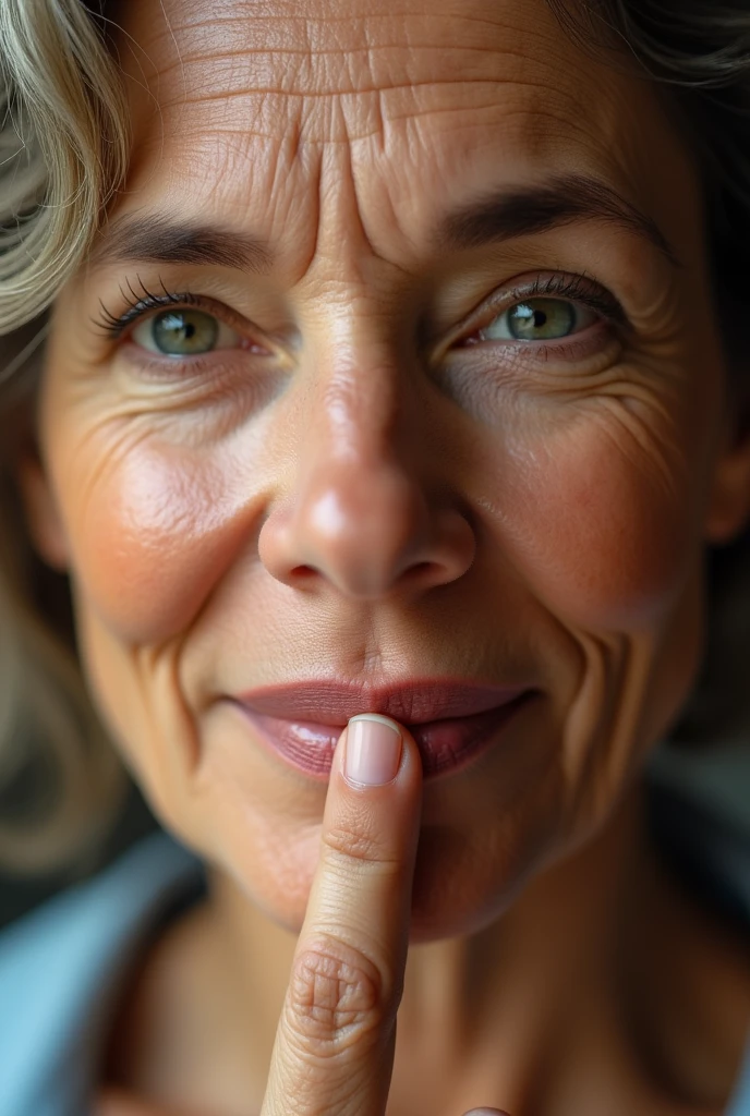 hyper realistic, woman in her 50s, soft lighting, close up on her lips and chin, visible upper lip and visible light brown chin hair, slightly turned off centre, finger pointing at the facial hair
