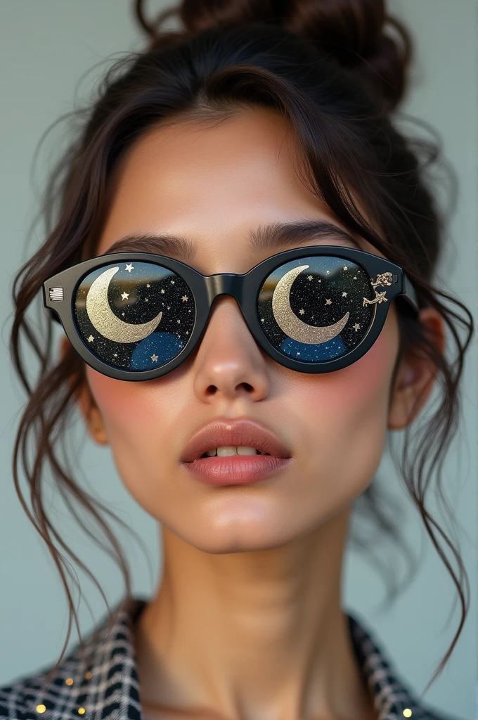 The model is wearing glass sunglasses with stars and the moon on the glass