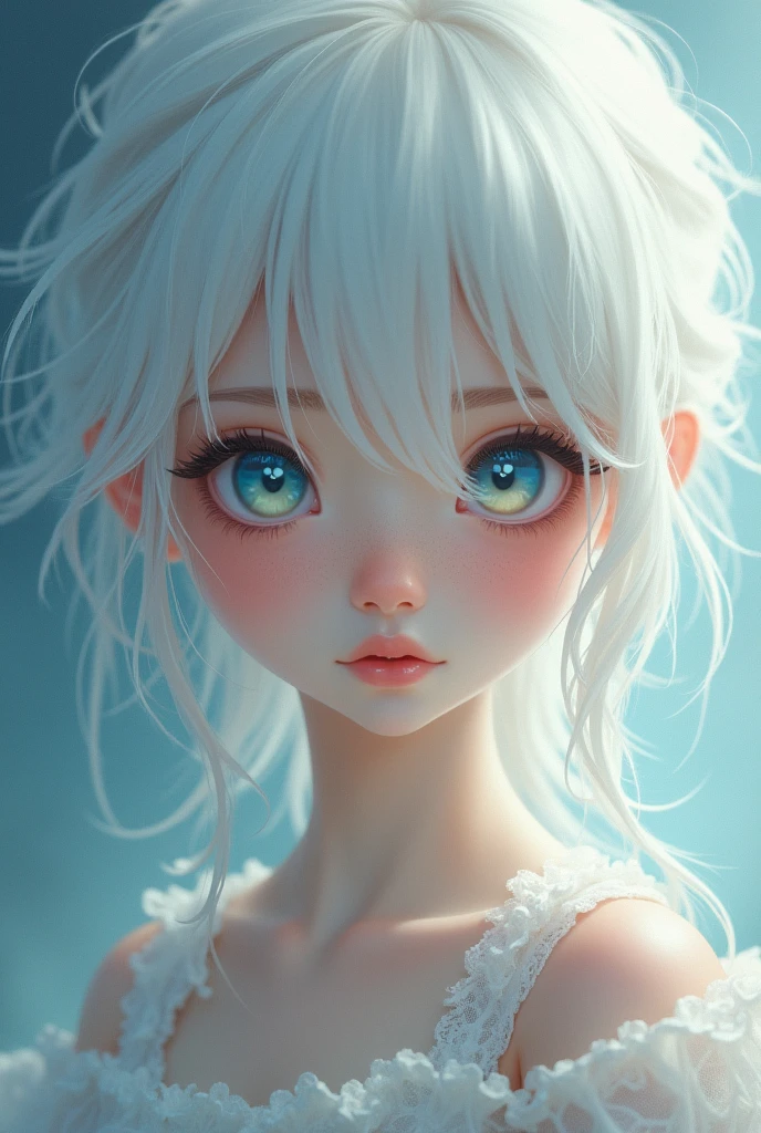 White hair, cute teenager, blue eyes, pouring light, white eyebrows