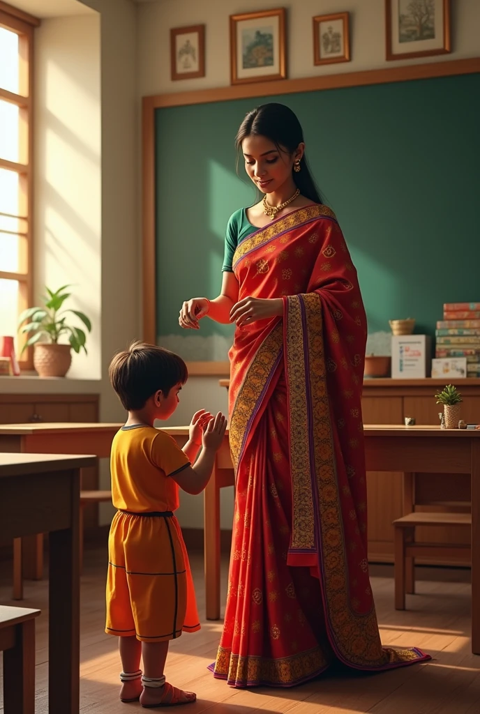 Make a piture of a teacher in saree with beautiful face goving murgasan punishment to a boy in classroom