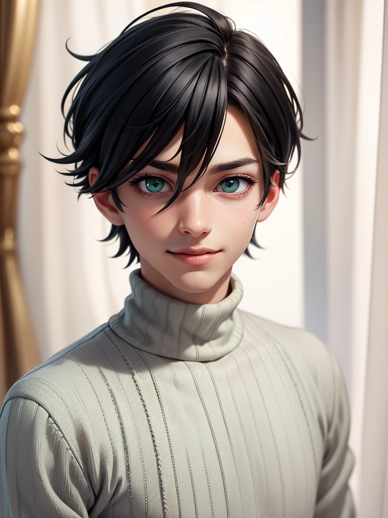 (best quality), 1boy, pale skin, black hair, medium hair, curtain hair, tousled hair, green eyes, perfect eyes, dark circles under eyes, handsome, light smile, attractive, turtleneck sweater, masterpiece, anatomically correct, highres
