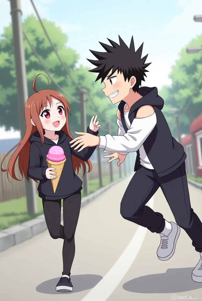 A boy ((( Anime boy , Spiky hair , black hair , black hoodie , blood red eyes , narrowed eye , runs away , holding a pink ice cream
))) , A girl ((( Anime girl , brown hair , long hair , pink eyes , friendly eyes , white long sleeve t shirt , open shoulders , screams "my ice cream!!!" )))