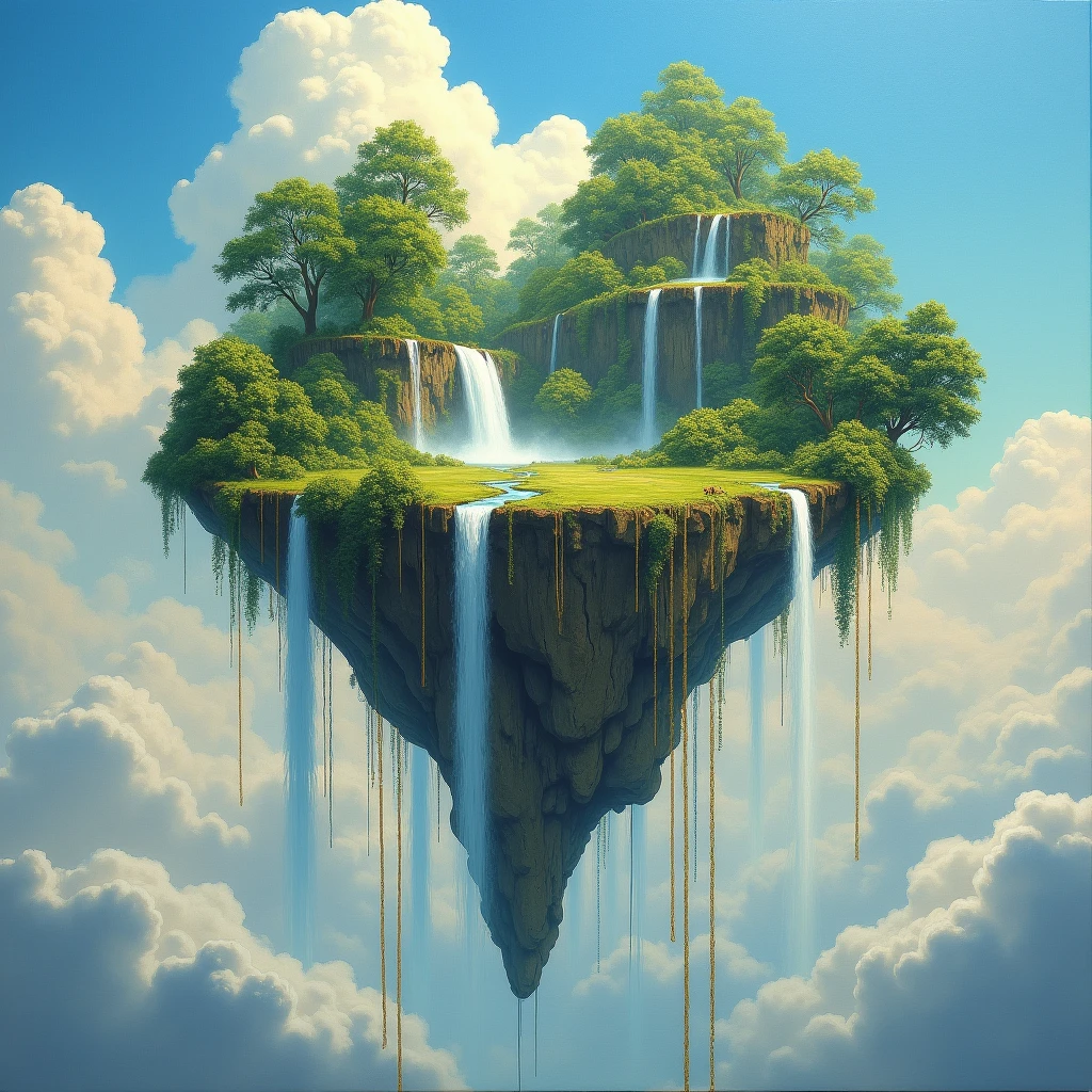 A surreal (oil painting:1.7) of a floating island in the sky, with a lush, green forest growing on top and waterfalls cascading down into the clouds. The island is connected to the ground by a series of delicate, golden chains that shimmer in the sunlight. The painting blends realism with fantasy, creating a dreamlike scene that feels both magical and tangible. 4K, masterpiece, ultra detailed.