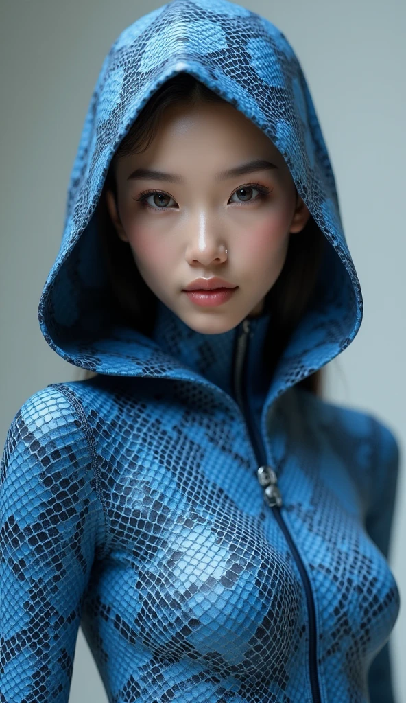 a most beautiful Chinese woman named Cikgu Soon wears blue snake print turtleneck zentai unitard catsuit.She wears a hijab-like hood.Her hijab-like hood has snake patterns