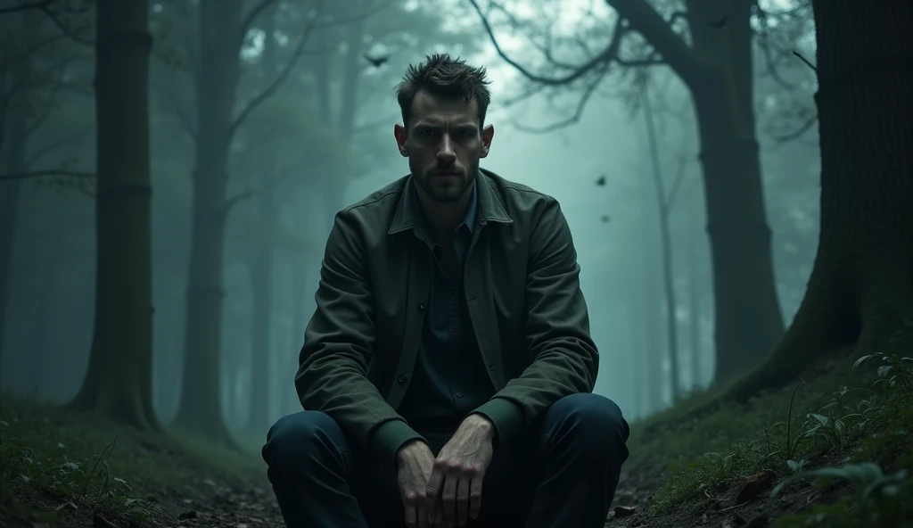• Prompt: John sitting alone, deep in thought, possibly near the building or in the forest. His expression is serious and contemplative, with the eerie ambiance of the forest around him.
