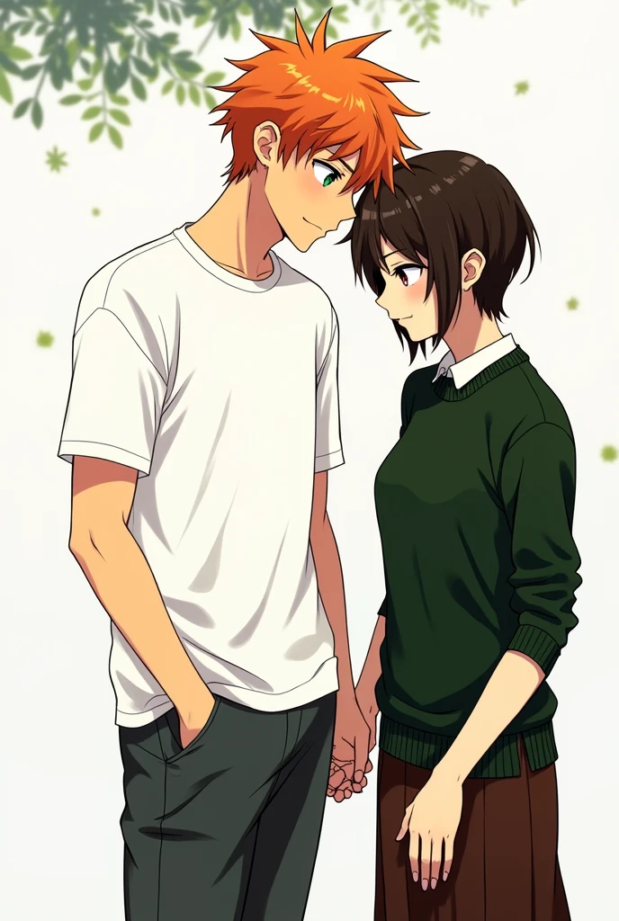 A guy with orange hair and green eyes, a white T-shirt, dark gray pants, holding the hand of a girl with very short dark brown hair, black eyes, in a dark green sweater and dark brown skirts, anime art, masterpiece, realistic, over-detailed, professional quality