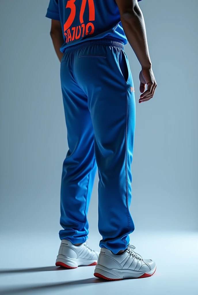 Give me a blue jersey with INDIA written on the back. Close-up of the back of a cricket player wearing white sneakers,Pitching,Show back,顶光drop shadow, anaglyph, stereogram, tachi-e, pov, atmospheric perspective, 8k, super detail, best quality