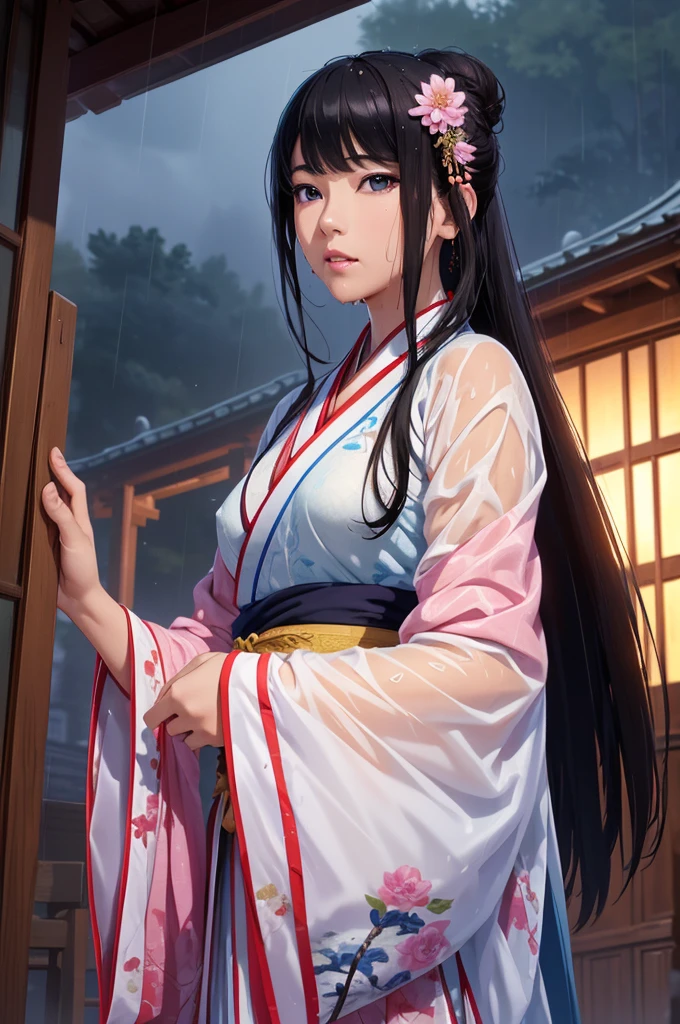 Rich historical background. (Highest quality,4K,8k,High resolution,masterpiece:1.2), Very detailed, (Realistic,Realistic,Photorealistic:1.37), High resolution, Hyper HD, Studio Lighting, Ultra-fine painting, Sharp focus, Physically Based Rendering, Very detailed説明, Professional, Vibrant colors, Bokeh, Sports Late, Ancient War Landscapes, Traditional Chinese Painting Techniques, Atmospheric lighting, Vivid color contrast, Visually stunning composition, Ethereal atmosphere,Very detailed目と顔, Beautiful attention to detail, Light on the face, (Hanfu: 1.1),My whole body is wet、My clothes are wet and transparent、Nipples are visible、nipples color pale pink、Dynamic pose、Rain clouds spreading across the sky、Heavy rain weather、Pouring rain、Wind and rain storm、((Soaked skin from head to toe))、((Rain-soaked clothes(Rain dripping from clothes))、((The lines of your body are clearly visible through your wet clothes..))