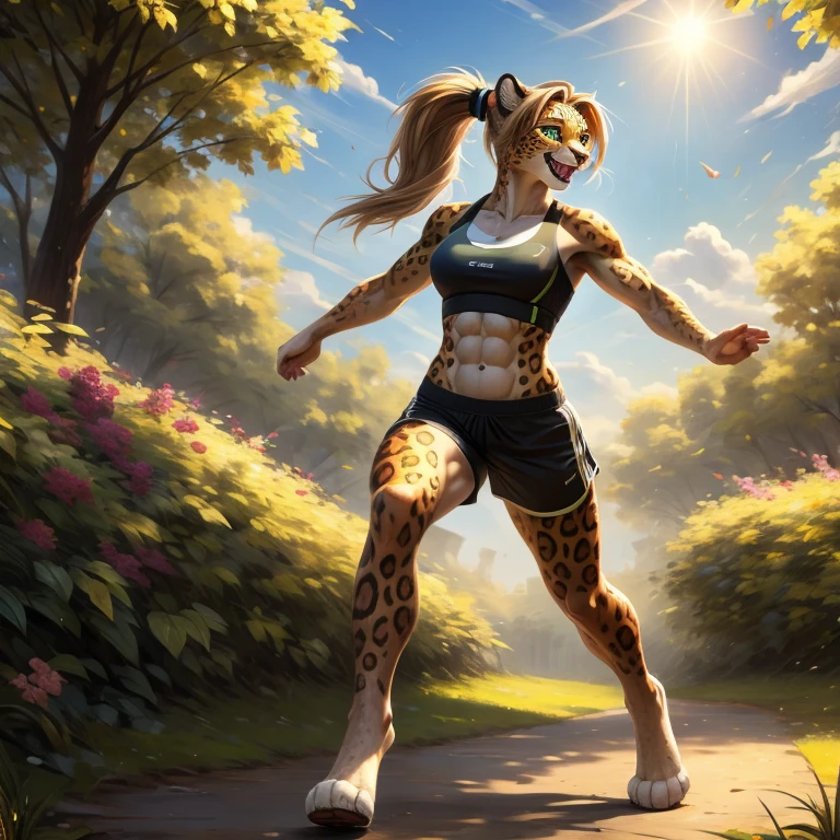 Masterpiece, best quality, high quality, high res, 1Female Leopard, Solo, best art, digitigrade, has Green eyes, wears shorts with sports bra, detailed hands, detailed eyes, detailed torso, running in the Park, happy expression, muscular, abs, ponytail hair, sunny day