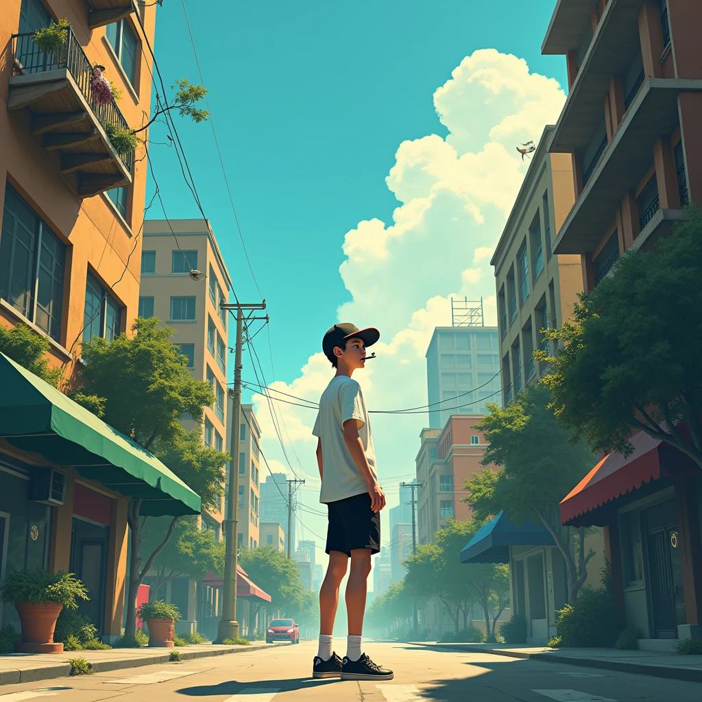 Cityscape album art featuring a sunny day and a skinny white boy in the center wearing a white shirt, black shorts and a cap and smoking a joint with his back turned.