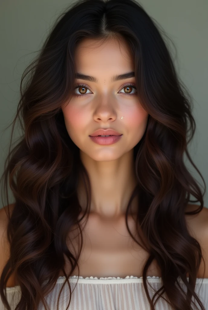 20 years old cute kashmiri girl with extreme long curly darkish brown hair and pale skin with dimple and blakish brown eyes