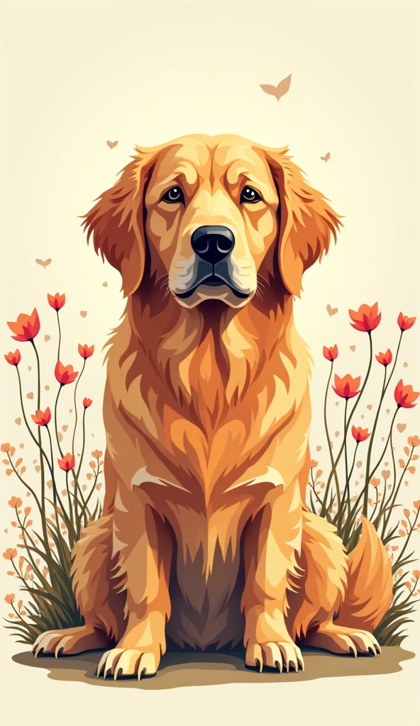 A peacefully majestic dog golden retriever portrayed in abstract vector artwork is depicted against an off-white background in warm colors. Surrounding the fox are delicate wildflowers in a low poly style, with flat outlines and no shadows. The image exudes a sense of tranquility and beauty, with each detail expertly crafted to create a stunning visual experience. This high-quality digital illustration captures the essence of nature and wildlife with remarkable skill and precision. It includes the text “Gringa”integrated into the background.