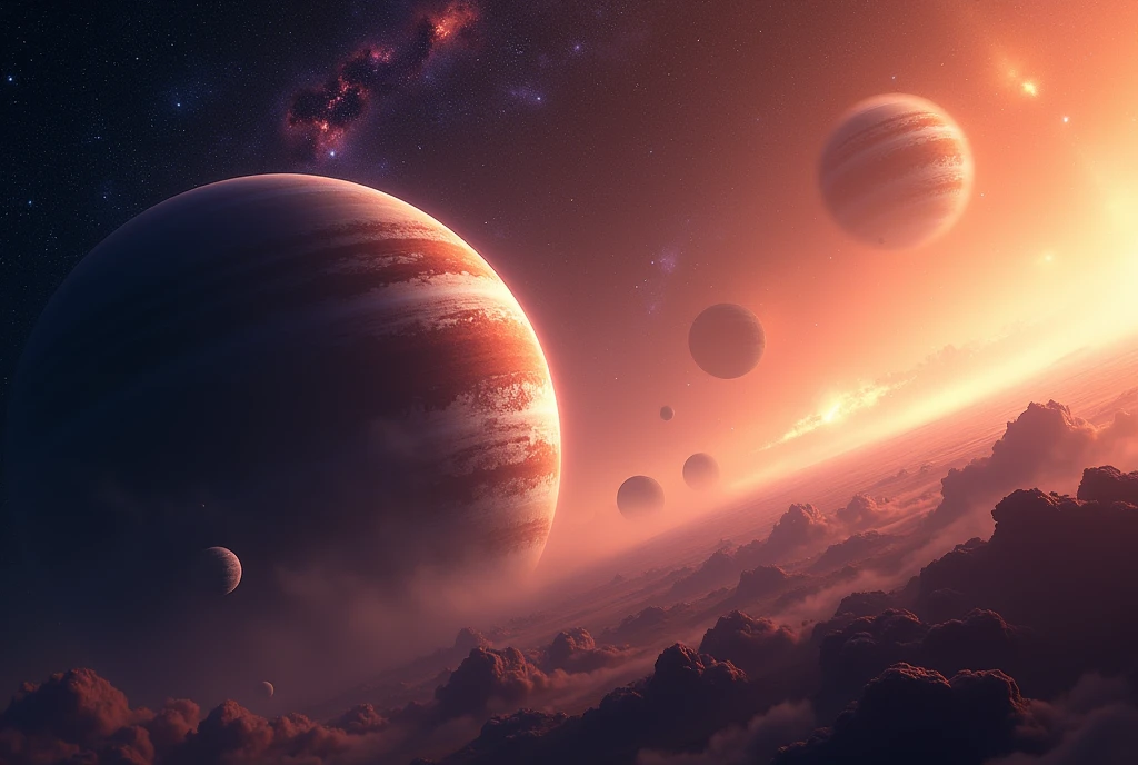 Magnificent outer space、A giant gas planet with several moons orbiting it。Countless stars in the background々Shines、I can see a nebula in the distance。Like a sunrise or sunset、Part of the planet is illuminated、Soft orange and purple hues fill the sky。Overall, the space scenery is fantastic and beautiful.。