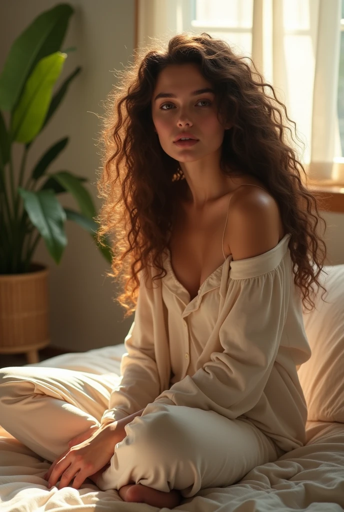 (photorealism:1.2), beautiful woman, sitting on bed, wearing loose off-shoulder top, pajama pants, long curly hair, indoors, soft lighting, plants in background, window with sunlight, cozy room, relaxed pose, realistic, intricate details, warm colors, by Greg Rutkowski, by Alphonse Mucha