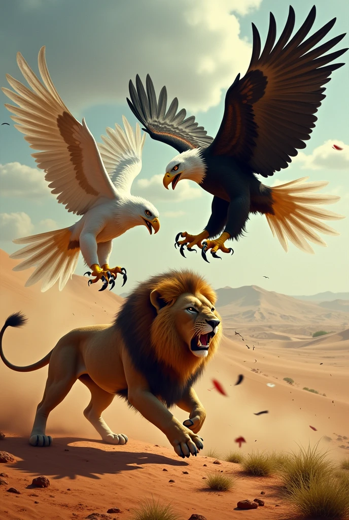 Generated an image of a bloody violent fight between giant black and white colored golden eagles, and a wild lion, in a green desert.