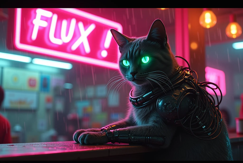 A  movie poster, A huge neon sign in the middle reads "FLUX!" ,Masterpiece, 4k, 8k, high quality, highly detailed, concept art, A cyberneticly enhanced cat, glowing neon green eyes, cables on back, robotics, one paw is metalic, looking at viewer, sitting on a bar of a noodle shop, grooming itself, cyberpunk setting, raining, neon lights,