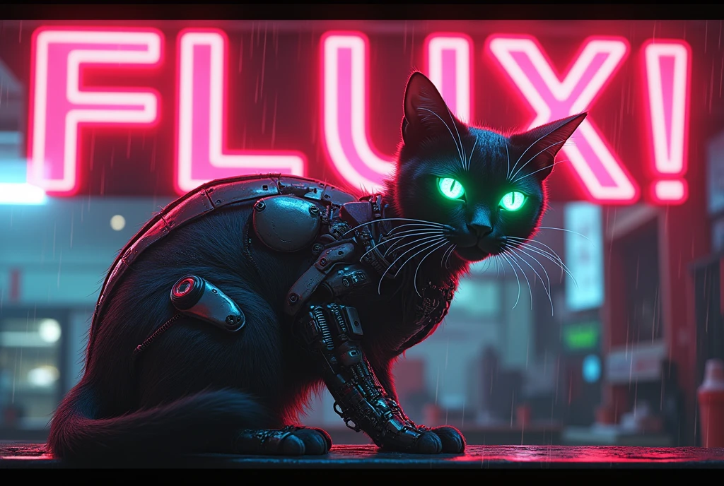 A  movie poster, A huge neon sign in the middle reads "FLUX!" ,Masterpiece, 4k, 8k, high quality, highly detailed, concept art, A cyberneticly enhanced cat, glowing neon green eyes, cables on back, robotics, one paw is metalic, looking at viewer, sitting on a bar of a noodle shop, grooming itself, cyberpunk setting, raining, neon lights,