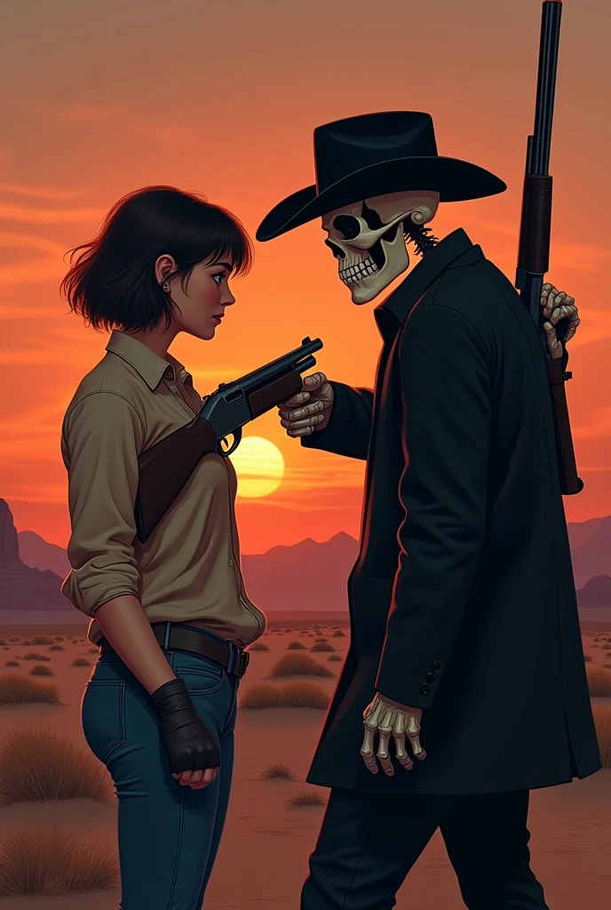 Create a girl looking to the right and having a Winchester shotgun with short dark brown hair down to her ears and blue-green eyes and at the same time there is a super handsome skull boy with and looks like a cowboy all his dark black clothes, that they are in a desert landscape in a reddish sunset that also looks like a book cover in two parts, the front and the back, and above all, both of them are pointing their guns at each other, she with her rifle pointed at his butt and at her head