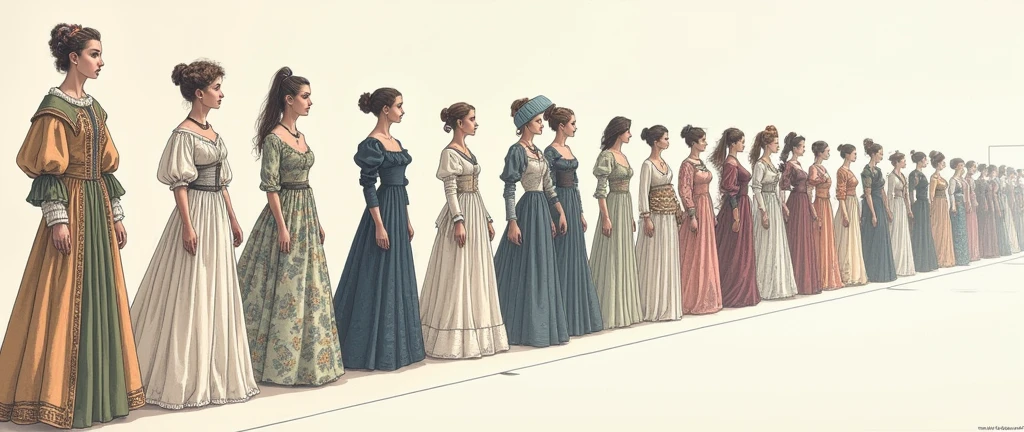 Évasion par la Mode à Travers les Époques
Concept :
Imaginez un défilé de mode où les mannequins traversent différentes époques, chaque époque étant représentée par une tenue iconique. Ce défilé symbolise une évasion à travers le temps et la culture, où chaque tenue devient une porte vers une époque spécifique.
Structure et Perspectives :
Page de gauche :
Perspective : Commencez par une perspective frontale ou légèrement de côté d’un podium qui s’étend vers le fond. Les premiers mannequins, plus proches de l'avant, porteront des tenues des époques plus anciennes, comme des robes de la Renaissance ou des corsets victoriens.
Tenues : Les silhouettes pourraient être habillées dans des vêtements historiques :
Robe de la Renaissance : Avec des manches bouffantes et des corset
Page de droite :
Perspective : Le podium continue, mais cette fois, les tenues deviennent plus modernes à mesure que le défilé progresse vers l'avenir. Les silhouettes lointaines représentent des tenues contemporaines ou même futuristes.
Tenues :
Robe des années 1920 (Années Folles) : Avec des coupes droites, des franges, et des perles.
Mode des années 1960 : Des mini-jupes colorées et des bottes montantes.
Tenue contemporaine : Un ensemble de haute couture moderne, peut-être inspiré par des créateurs comme Alexander McQueen, avec des formes sculpturales et des matériaux innovants.
Techniques :
Silhouettes : Travaillez avec des silhouettes pour créer des formes simples mais reconnaissables. Utilisez des crayons fins pour les contours, en vous concentrant sur les lignes fluides des vêtements et des corps.
Détails : Ajoutez des détails aux vêtements pour montrer les textures et les matériaux, comme les broderies, les tissus plissés, ou les ornements. Vous pouvez aussi dessiner des accessoires spécifiques, comme des bijoux ou des chapeaux, pour renforcer l'identité de chaque époque.