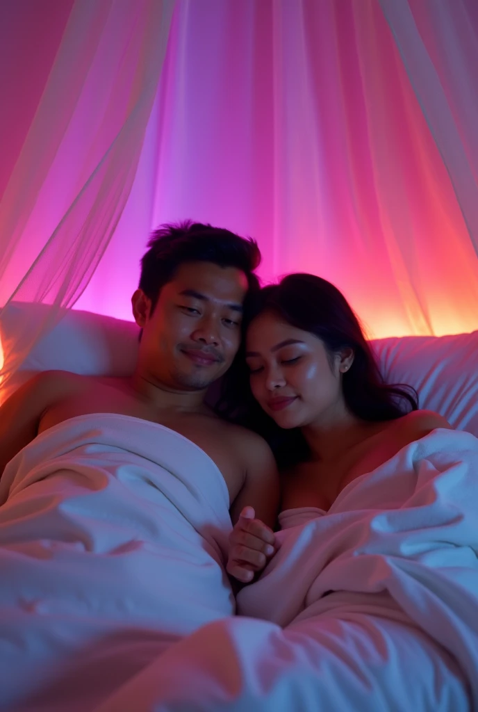 Indonesian couple. The man is a normal body, With The woman is a little chubby and huge breasted (her face showed an expression of pleasure), The luxurious bedroom is decorated with a mosquito net with RGB neon backlight as a background detail, lying on the pillow together under the white blanket. Look at the viewer, natural light, realistic photography, wide angle shot from top.