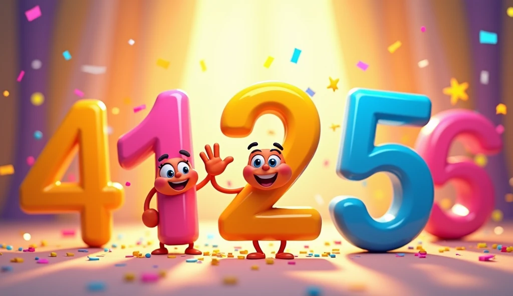 Show all the numbers 1 through 5 together in a fun, celebratory animation. Include confetti or stars to create a festive atmosphere. Display a friendly character waving goodbye.